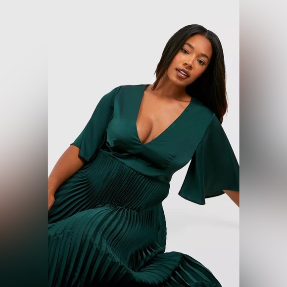 Satin pleated plunge gown occasion emerald maxi dress XL - Picture 3 of 7